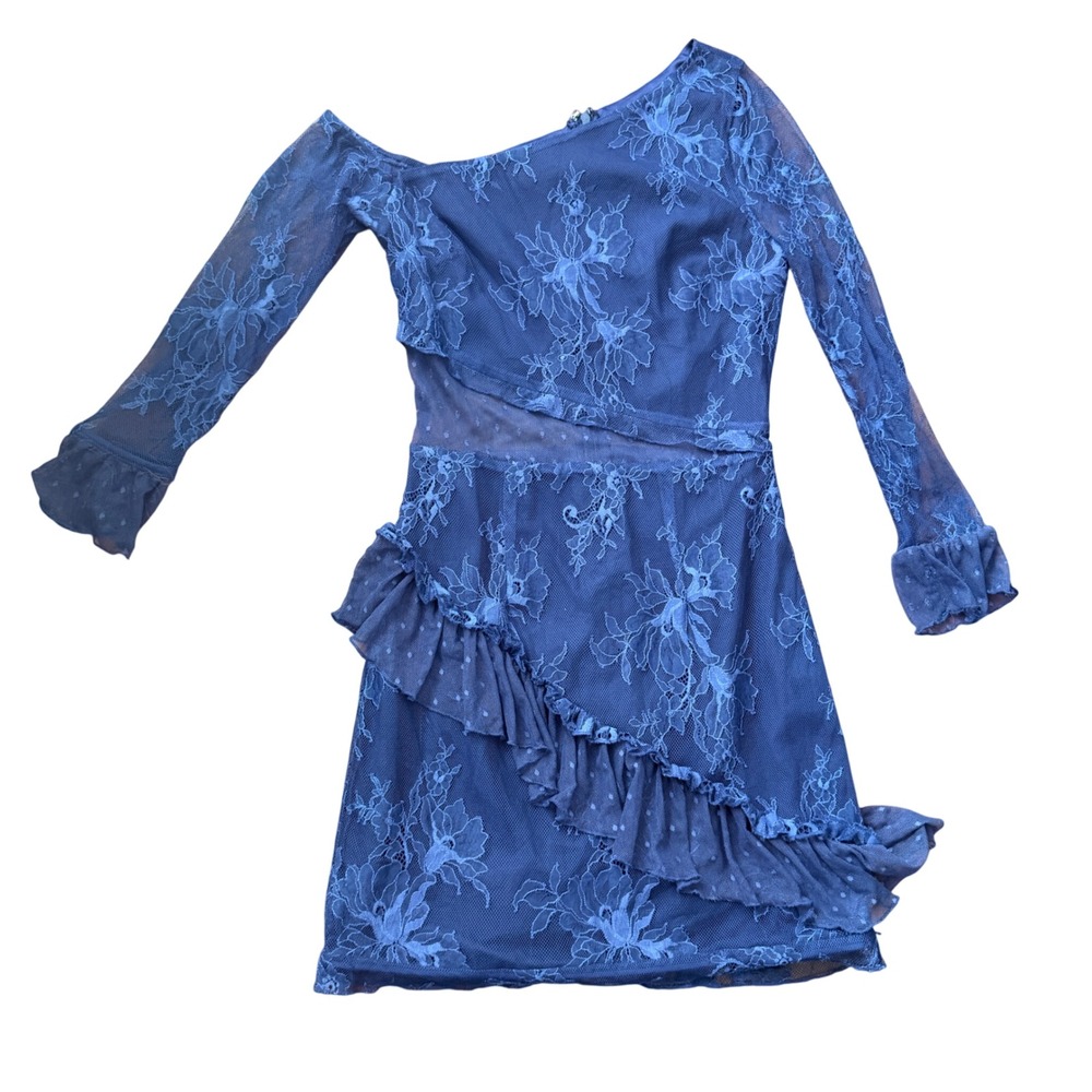 Lovers + FriendsOriana Lace Mini Dress XS Blue One Shoulder Cocktail Chic Hoco